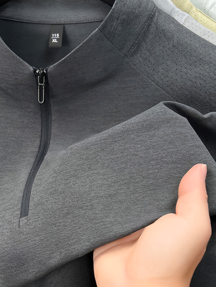 Men'S Summer Top T-Shirt, Half-Zipper Stand-Up Collar Design, Casual And Light Business Style, Adjustable Collar with Zipper, Balancing Ventilation And Styling; Mesh Shoulder Panel for Enhanced Breathability - Advanced Gray