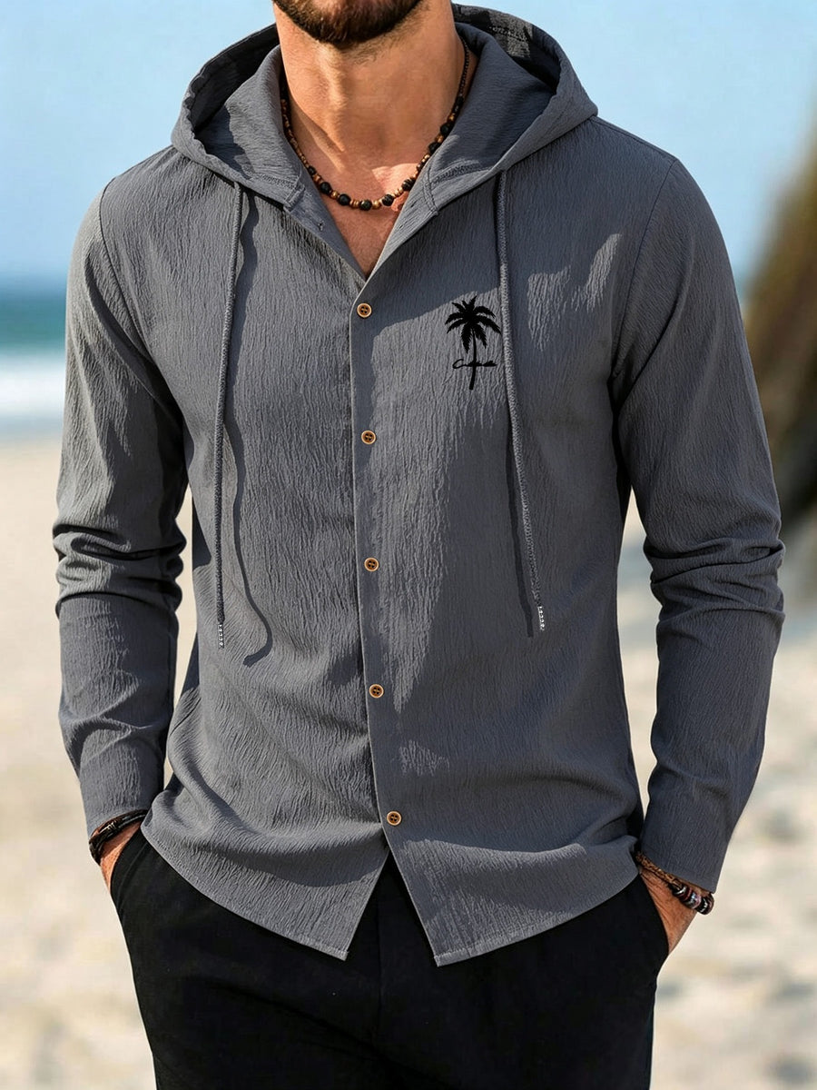 Men's Coconut Tree Print Hooded Long-Sleeve Shirt, Slightly Wrinkled Textured Casual Button-Up Cardigan, Summer Lightweight Breathable Vacation Top, Hawaiian Beach Jacket, Shirt Style + Hood with Drawstring, Suitable for Beach Trips, City Strolls - Dark Gray