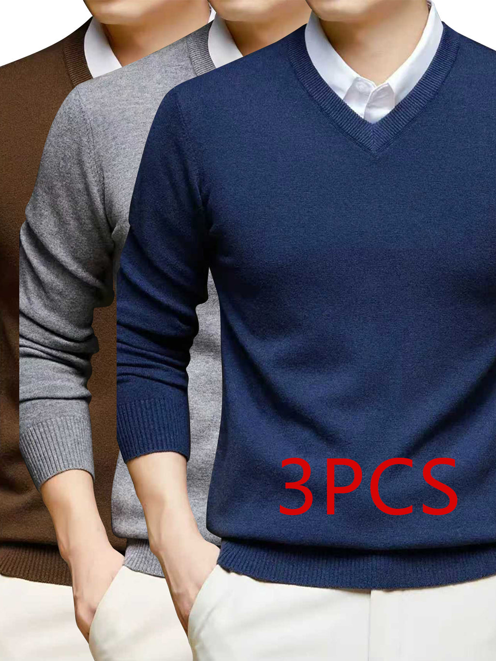 Men'S Set Solid Color V-Neck Knitted Sweater Autumn And Winter Casual Base Pullover - Navy blue + gray + brown