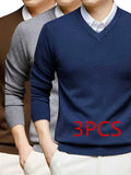 Men'S Set Solid Color V-Neck Knitted Sweater Autumn And Winter Casual Base Pullover - Navy blue + gray + brown