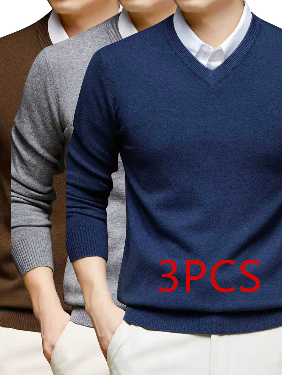Men'S Set Solid Color V-Neck Knitted Sweater Autumn And Winter Casual Base Pullover - Navy blue + gray + brown