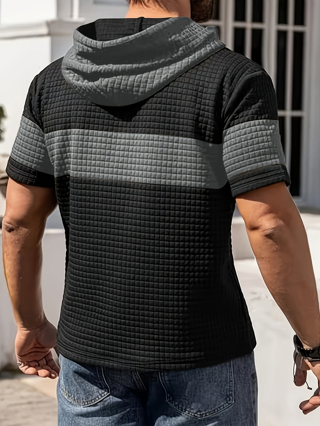 Men'S Summer Essential Hooded Short Sleeve T-Shirt, Casual Loose Fit, Breathable And Wrinkle-Resistant Fabric, Durable And Non-Deformable, Drawstring Hood Design, Arched Hem for Body Shaping, Statement Color Block for Trendy Appeal - Black