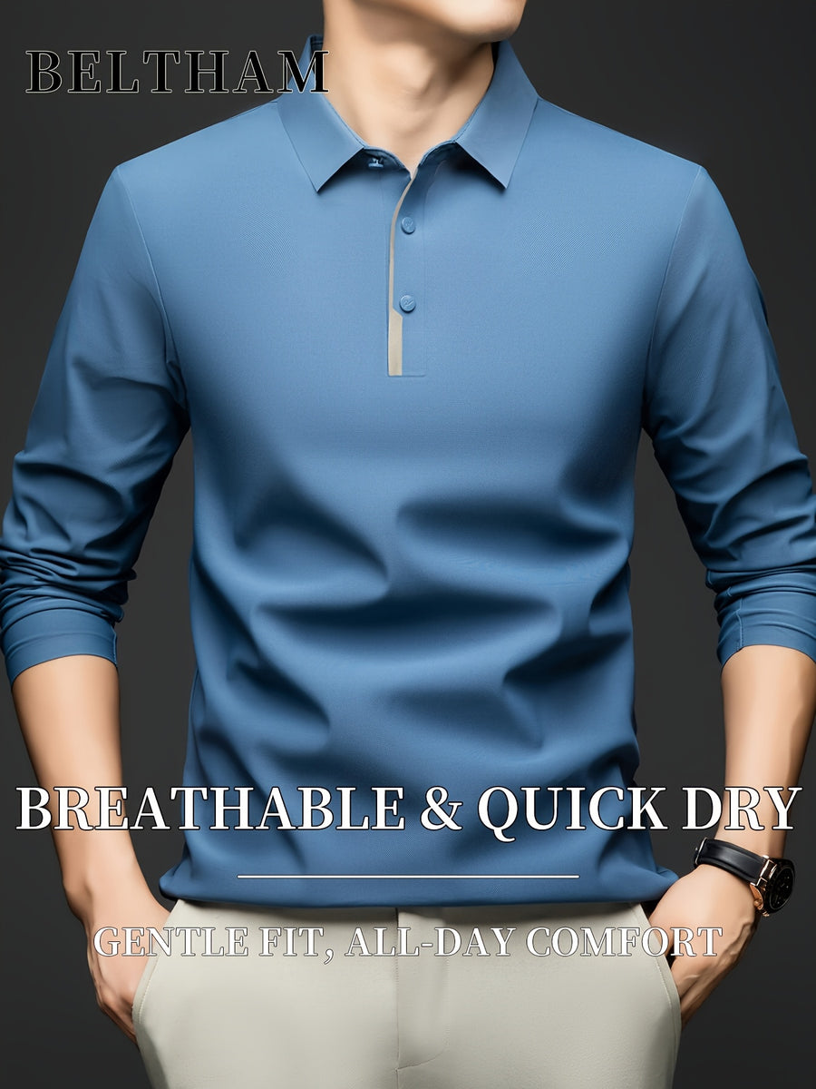 Spring Summer Autumn Men'S Long Sleeve Polo Shirt, Ice Feel Moisture Wicking Breathable Quick Dry Top, Versatile Apparel for Daily Casual Business Sports Golf Fishing Camping Outdoor Wear - Grey-blue