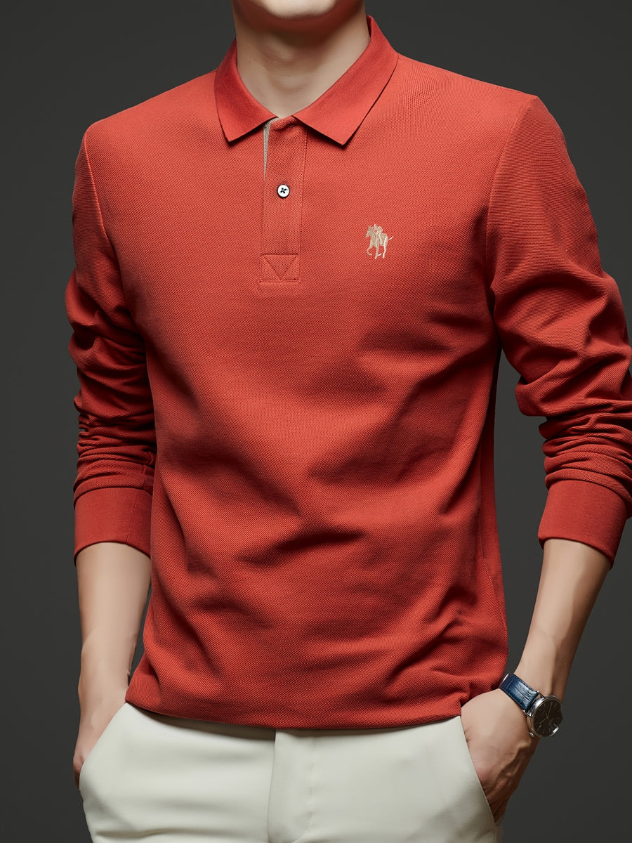 [Saa Xing OBM] 1pc Spring/Autumn New Men'S Polo Shirt, Solid Color Embroidered Half-Button Placket Single-Button Polo Collar Long Sleeve Men'S Fashion Versatile Pullover Base Layer Top, Classic Design, Suitable for Spring, Autumn, Wear - Orange Red