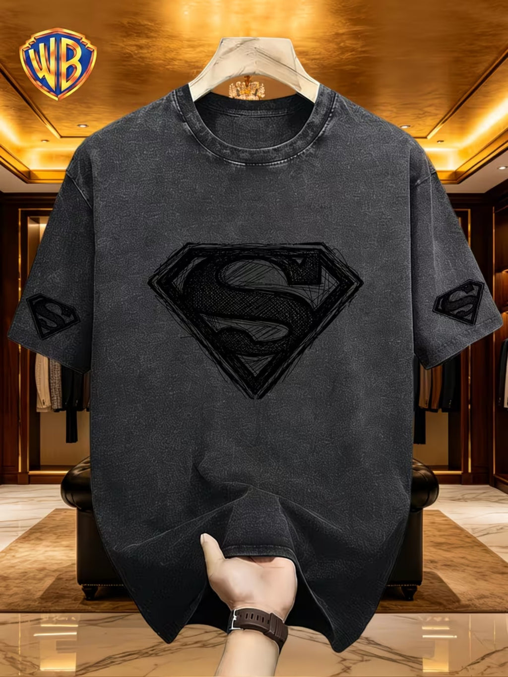 Warner Genuine Superman Hand-Painted Lines S Mark Washed to Make Old Short-Sleeve Men'S Wear, Retro Round Neck T-Shirt, Soft And Breathable, Machine Washable, Men'S Daily Casual Shirt - Black 2