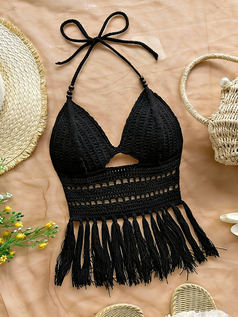 Spring Summer New Women'S Vacation Style Crochet Halter Top Solid Color Tassel Trim Hollow Out Beach Top, Bohemian Style, Date Outing, Valentine'S Day Gift, Music Festival Outfit, Mother'S Day, Beach Vacation [ASD1] - Black
