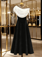 Women'S Premium Black And White Color-Block Ruffled Neck Diagonal Shoulder Waist A-Line Bridesmaid Dress, Party Dress, Casual Wear - Black And White