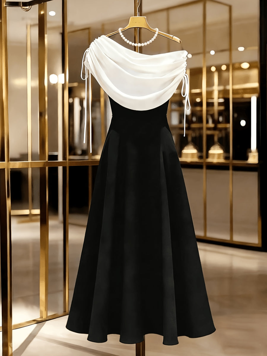 Women'S Premium Black And White Color-Block Ruffled Neck Diagonal Shoulder Waist A-Line Bridesmaid Dress, Party Dress, Casual Wear - Black And White