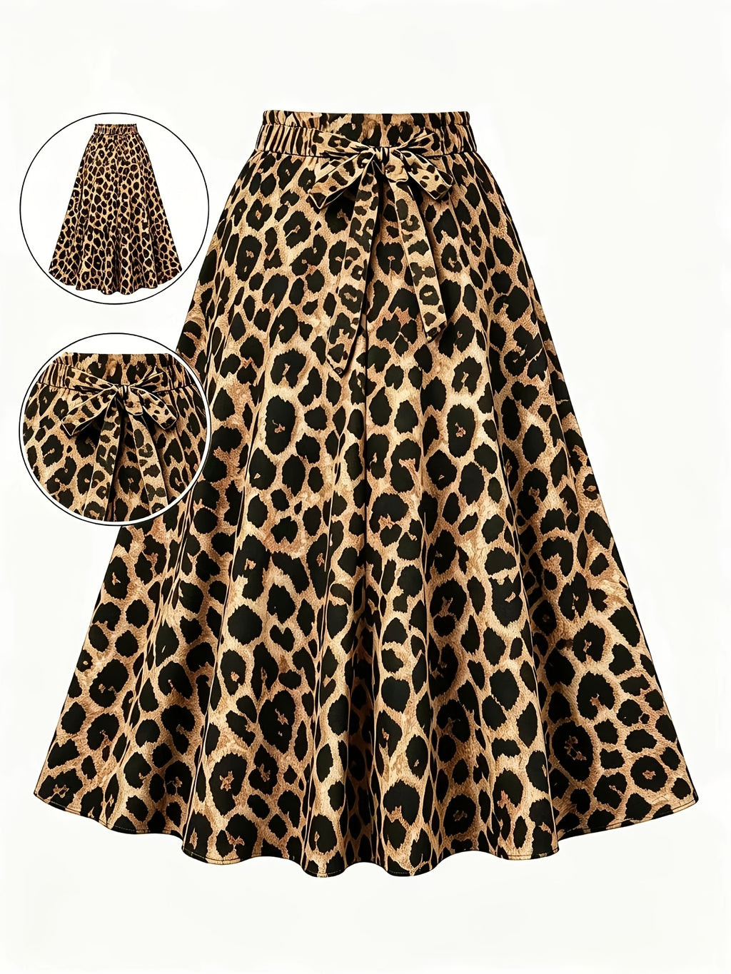 Leopard Print High-Waist Flared Midi Skirt Women'S Elastic Waist Bow Tie A-Line Swing Skirt Casual Daily Party Streetwear Long Skirts - Light Beige