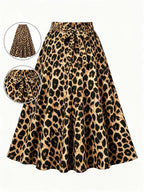 Leopard Print High-Waist Flared Midi Skirt Women'S Elastic Waist Bow Tie A-Line Swing Skirt Casual Daily Party Streetwear Long Skirts - Light Beige