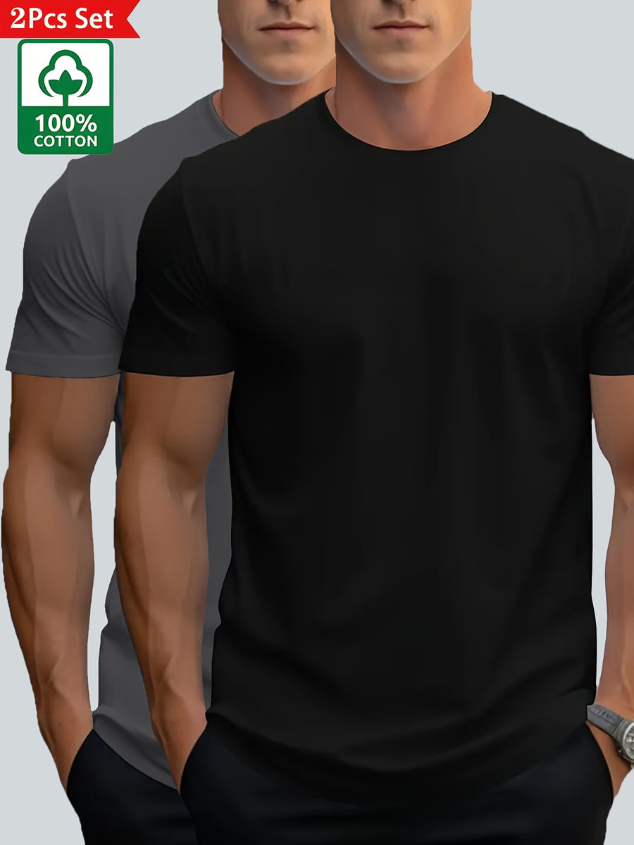 2pcs Men'S Premium 100% Sports Casual T-Shirt, Trendy Tees, Black Tees for Men, Breathable And Sweat-Absorbing Short Sleeves for Summer, Round Neck Short Sleeves, Men'S Comfy Clothing Tops for Daily Vacation - Black&Grey