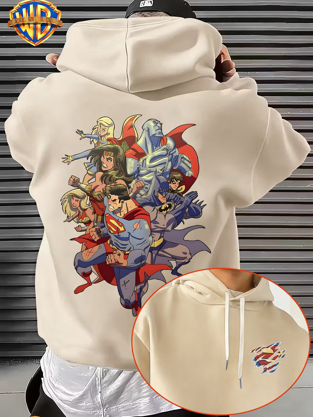 Warner Bros. DC Superhero Group Pose Multi-Character Collaboration Hot-Blooded Comic Style Cool Print Men's Fashion Hooded Sweatshirt, Sleeve Print Design, Kangaroo Pocket, Drawstring Hood, Suitable for Daily Wear and Outdoor Sports, an Excellent - Apricot