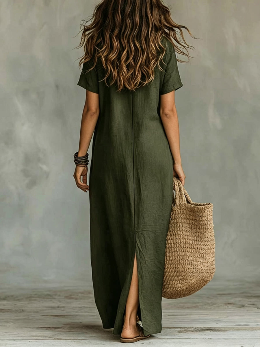 Women'S Casual Solid Color V-Neck Slit Lazy Style Shirt Dress Button Front Opening Bohemian Shirt Style Loose Long Dress - Military Green