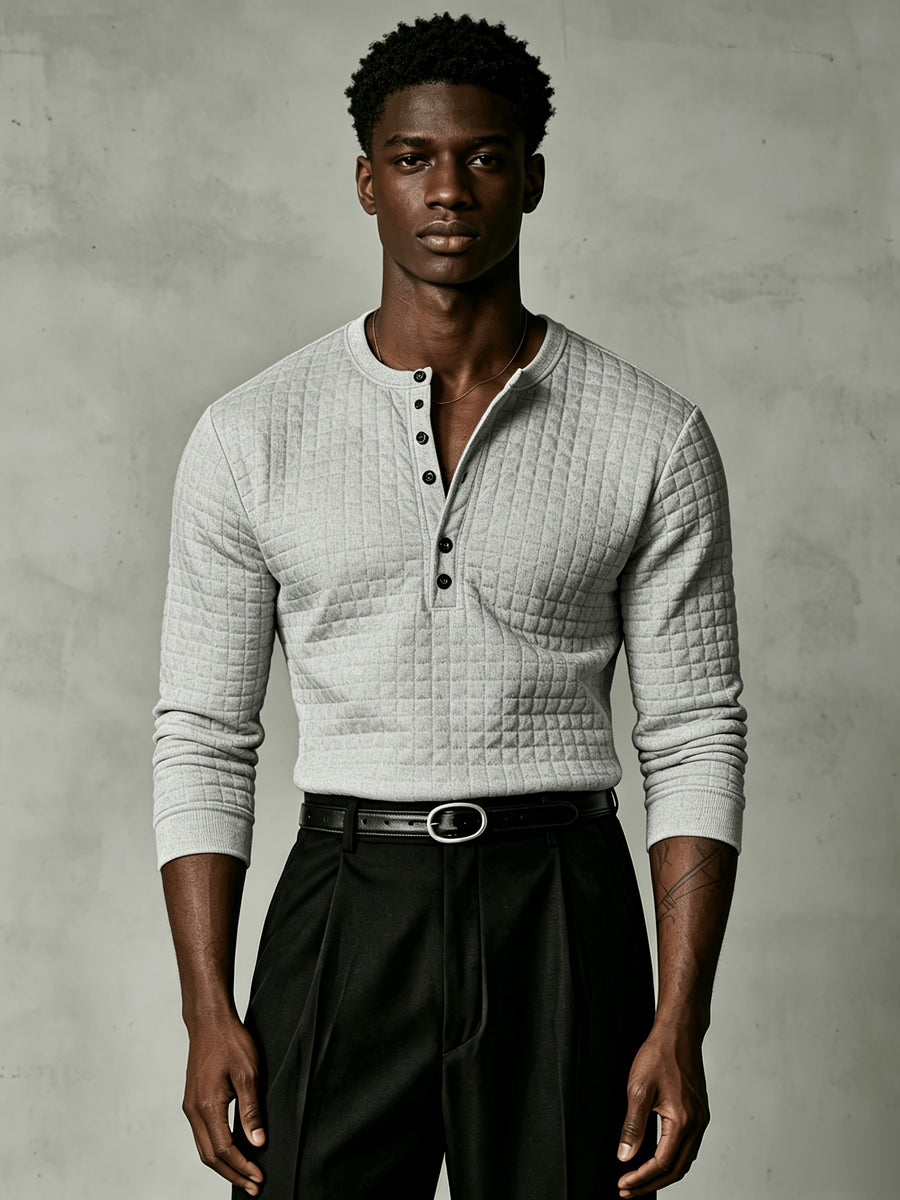 Joshmei OBM New Men's Checkered Embossed Texture Henley Long-Sleeve Shirt, Half-Button Placket Textured Minimalist Casual Top, Autumn/Winter Slim Fit for Daily Commute and Streetwear, Multiple Colors Available - Light Grey