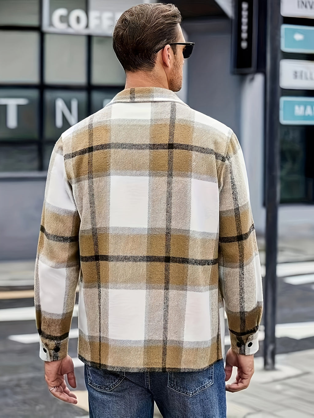 Men's Flannel Thickened Warm Casual Fashion Versatile Plaid Shirt Jacket - Khaki