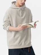 Men'S Heavyweight Hooded Sweatshirt, Autumn New Button-Front Pullover for Casual Leisure Sports Solid Color Hoodie - Oatmeal Color
