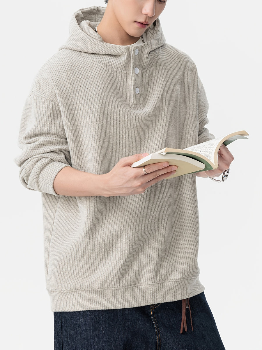 Men'S Heavyweight Hooded Sweatshirt, Autumn New Button-Front Pullover for Casual Leisure Sports Solid Color Hoodie - Oatmeal Color