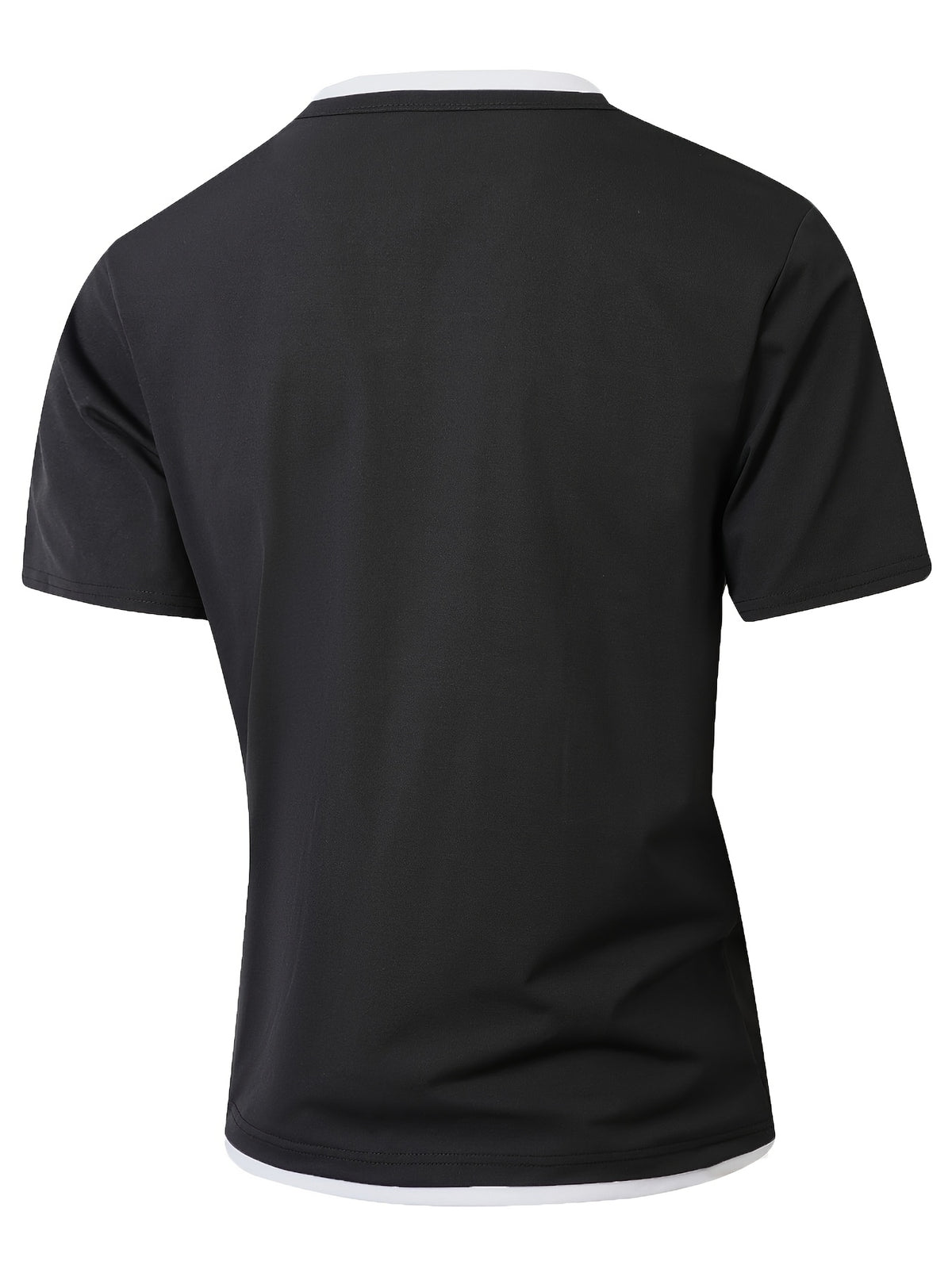American-style Minimalist Color-Block White-Trimmed Henley Shirt for Men, Versatile Commuting Breathable Thin Short-Sleeve Base Layer Top, Summer Color-Block V-Neck Solid Color T-Shirt, Casual Short Sleeve - Black