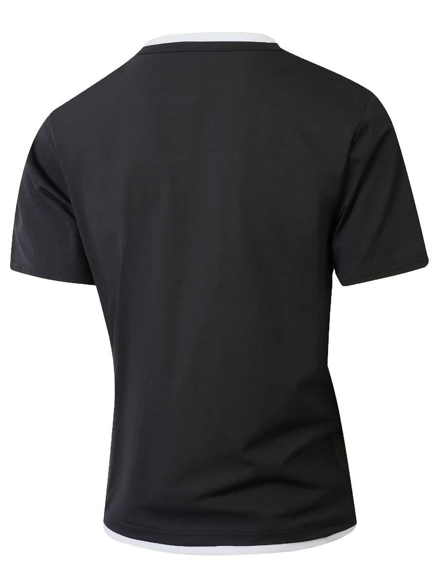 American-style Minimalist Color-Block White-Trimmed Henley Shirt for Men, Versatile Commuting Breathable Thin Short-Sleeve Base Layer Top, Summer Color-Block V-Neck Solid Color T-Shirt, Casual Short Sleeve - Black