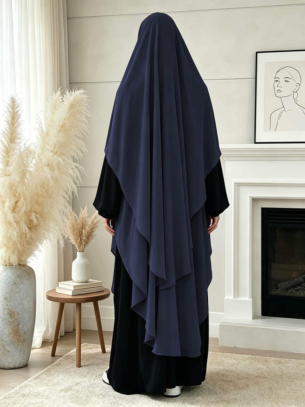 1pc High-Quality Pearl Chiffon Double-Layer Design Breathable And Private Kimmar Scarf Matching Any Abaya Women'S Daily Wear Prayer Use All Seasons - Navy Color