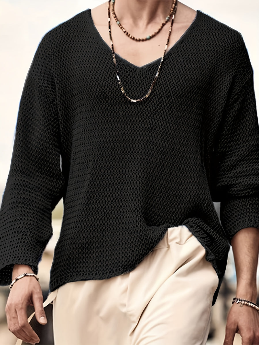 INCERUN Mens Traditional East Asian Long-Sleeve T-Shirt V-Neck Loose Fit Tops Party T-Shirt Tops - Black