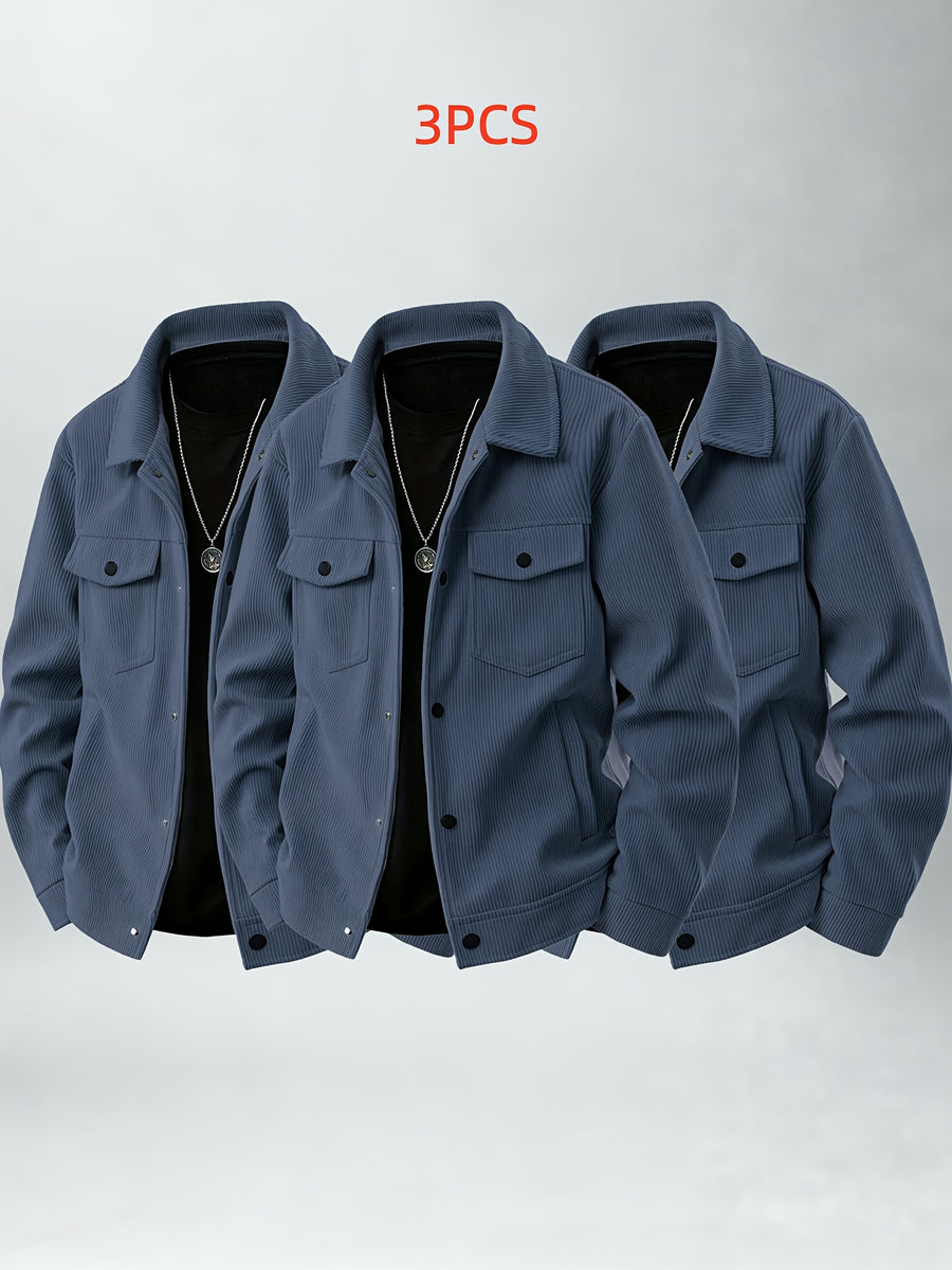 Casual Corduroy Work Jacket 3pcs Set Youth Daily Outing Lapel Top - Blue
