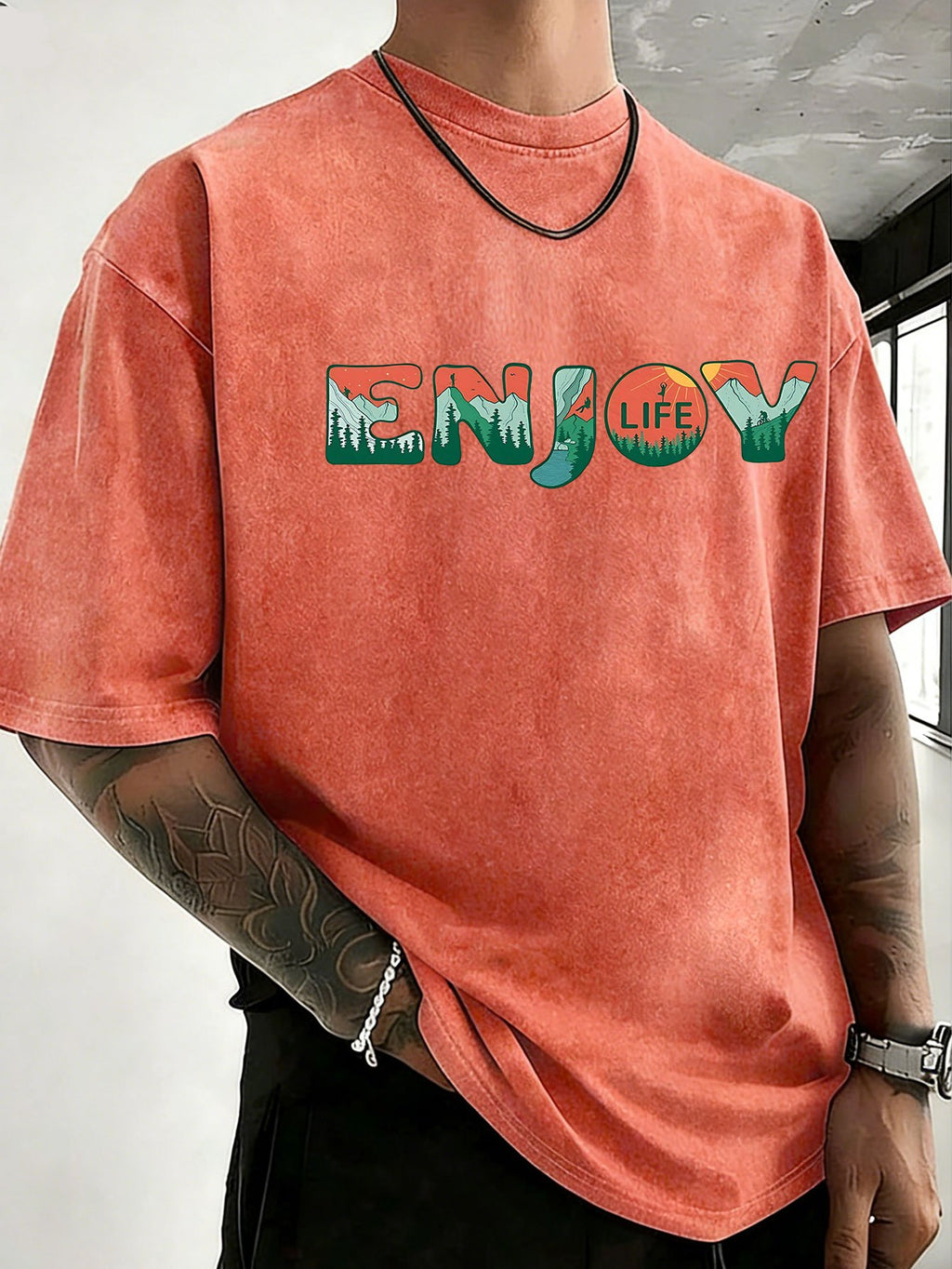 Loose Short Sleeve T-Shirt Men'S Heavyweight Pure Washed Distressed Top Trendy Double-Sided Print 12 Colors Free to Match Street Hip-Hop Style Casual Outing Sports Fitness Commuting Couple Style American Street Short Sleeve - Orange
