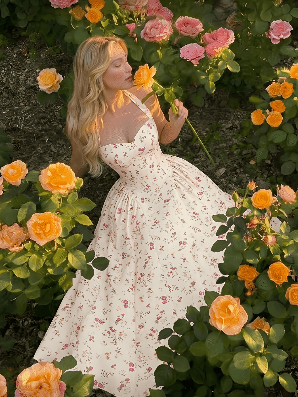 Women'S Elegant Pink Floral Print Midi Dress, Summer Style Casual Holiday Wear, Retro Countryside Style, French Style Beach Summer Dress - Multicolor
