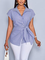 Fashion Batwing Sleeve Waist Tie Striped Shirt Office Home Date Outfit - Blue