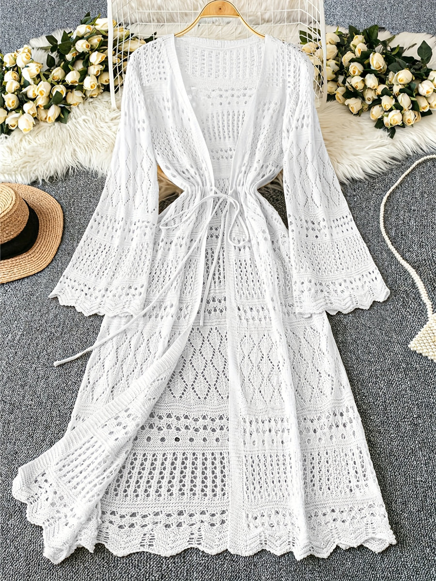 Women's Solid Color Beach Vacation Romantic Crochet Mesh Drawstring Tie Bow Cardigan Western Clothing - High-End - White