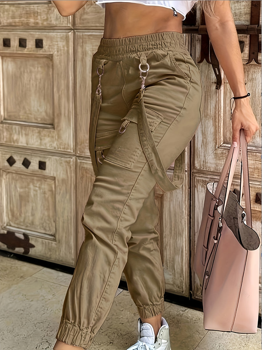 2026 Spring And Summer New Casual Women'S High-Waisted Pants with Solid Color Pocket Design And Elegant Suspenders, Perfect for Casual Outings And Dates - Khaki