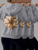 [New Category Base] 2026 New Style Casual Women'S Autumn Jacket Floral Print Waffle Fabric Hooded Sweatshirt 3pcs Set - Grey