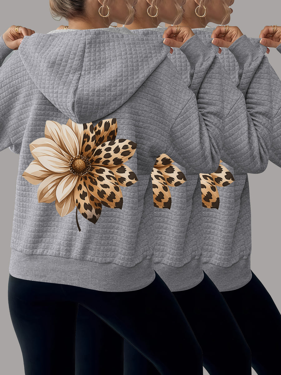 [New Category Base] 2026 New Style Casual Women'S Autumn Jacket Floral Print Waffle Fabric Hooded Sweatshirt 3pcs Set - Grey