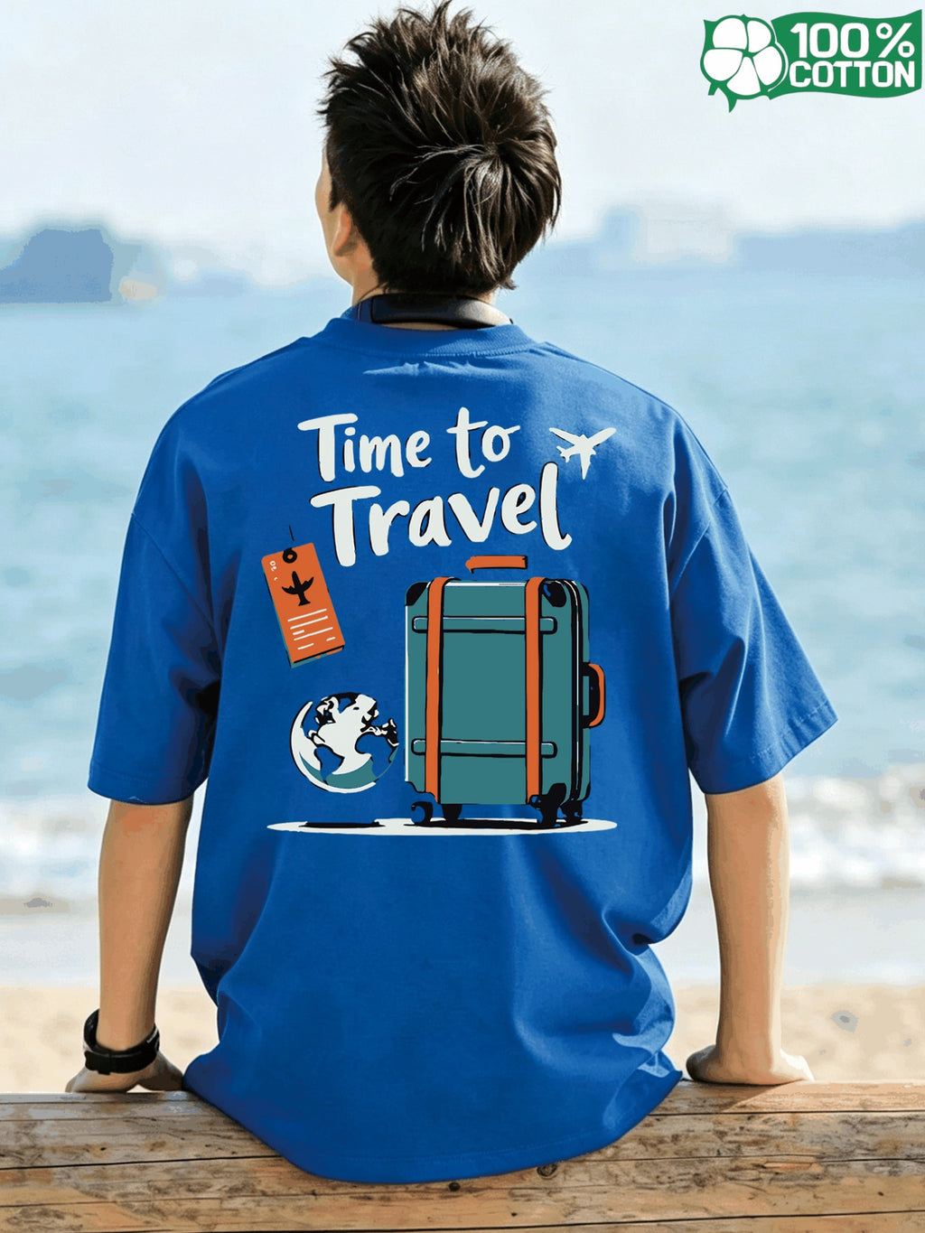 Short Sleeve T-Shirt Top, Crew Neck, Pure Cotton, Crew Neck, Popular Summer Travel Time, Suitcase, Globe, Luggage Tag Illustration Design, Versatile Style, Holiday, Breathable Pattern Print, New Summer Fabric, Comfortable for Daily Outings - Royal blue color