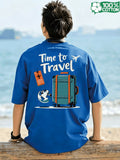 Short Sleeve T-Shirt Top, Crew Neck, Pure Cotton, Crew Neck, Popular Summer Travel Time, Suitcase, Globe, Luggage Tag Illustration Design, Versatile Style, Holiday, Breathable Pattern Print, New Summer Fabric, Comfortable for Daily Outings - Royal blue color