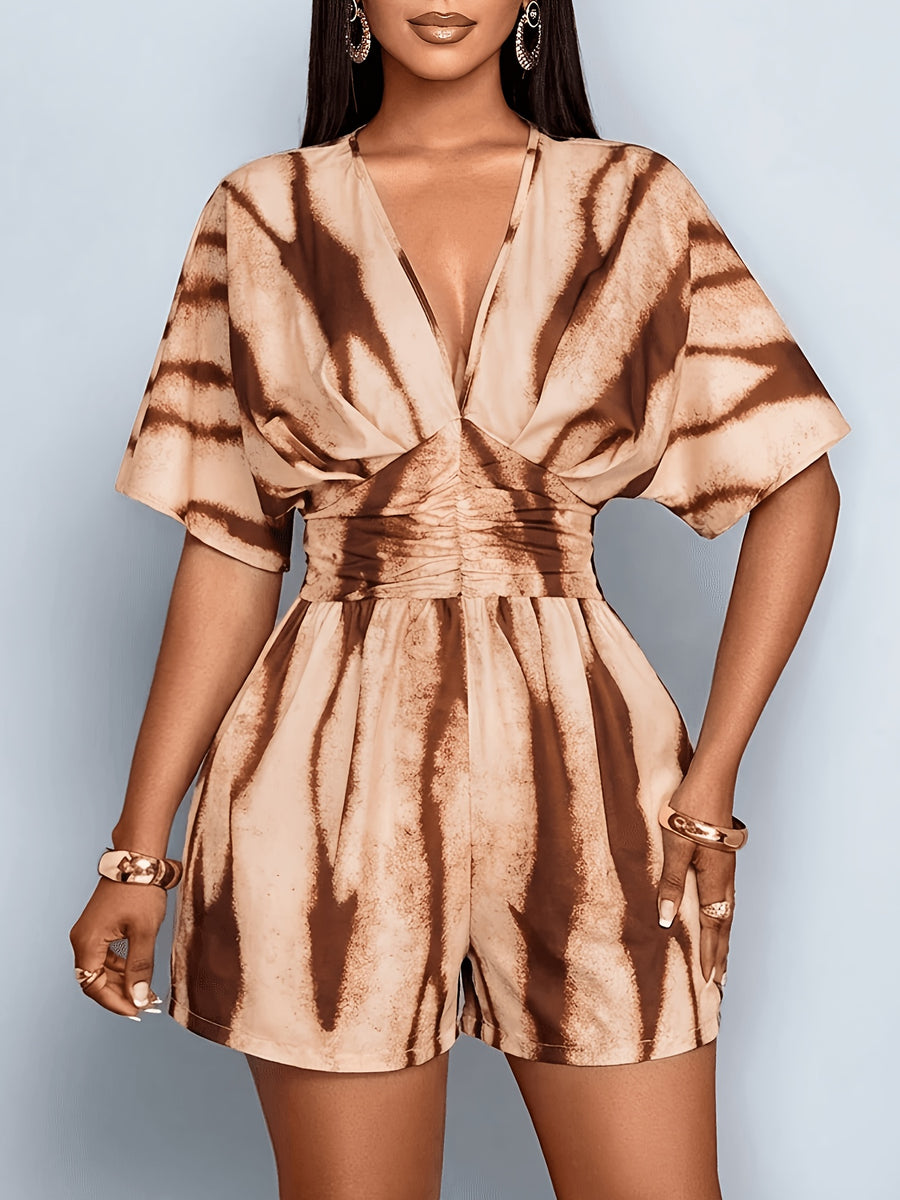Women's Elegant and Fashionable Floral Pattern Jumpsuit with a Deep V-neck and Batwing Sleeves, Featuring a Pleated Waist, Perfect for Spring/summer. Suitable for Commuting, Casual Wear, Dates, Sexy Looks, Romance, Vacations, and Parties. - Khaki