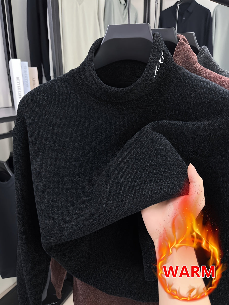 Lined Half-Turtleneck Sweater - Warm Winter Knit Sweater Suitable for City Casual, High Collar Ribbed Trim Pullover, Hand Washable Fall/Winter Sweater for Office to Weekend Wear (No Transparency) - Black