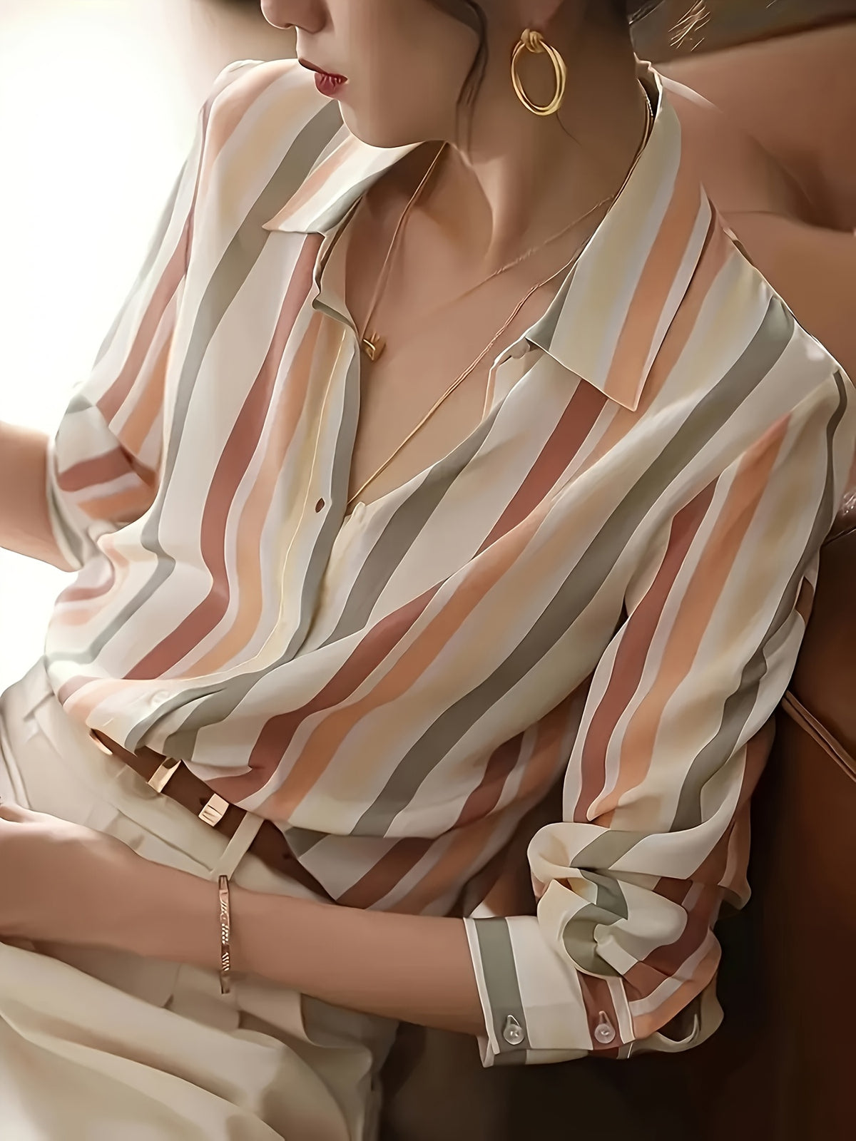 Women'S Casual Striped Shirt, Button-Up Design, Made Of, Suitable for Spring, Summer, And Autumn Casual Or Formal Wear | Classic Lapel Fashion Button-Up, Elegant Women'S Shirt, Beautiful Women'S Shirt, Autumn Women'S Top Trend, Women'S Clothing - Tangerine