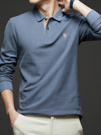 [Saa Xing OBM] 1pc Spring/Autumn New Men'S Polo Shirt, Solid Color Embroidered Half-Button Placket Single-Button Polo Collar Long Sleeve Men'S Fashion Versatile Pullover Base Layer Top, Classic Design, Suitable for Spring, Autumn, Wear - Blue Grey