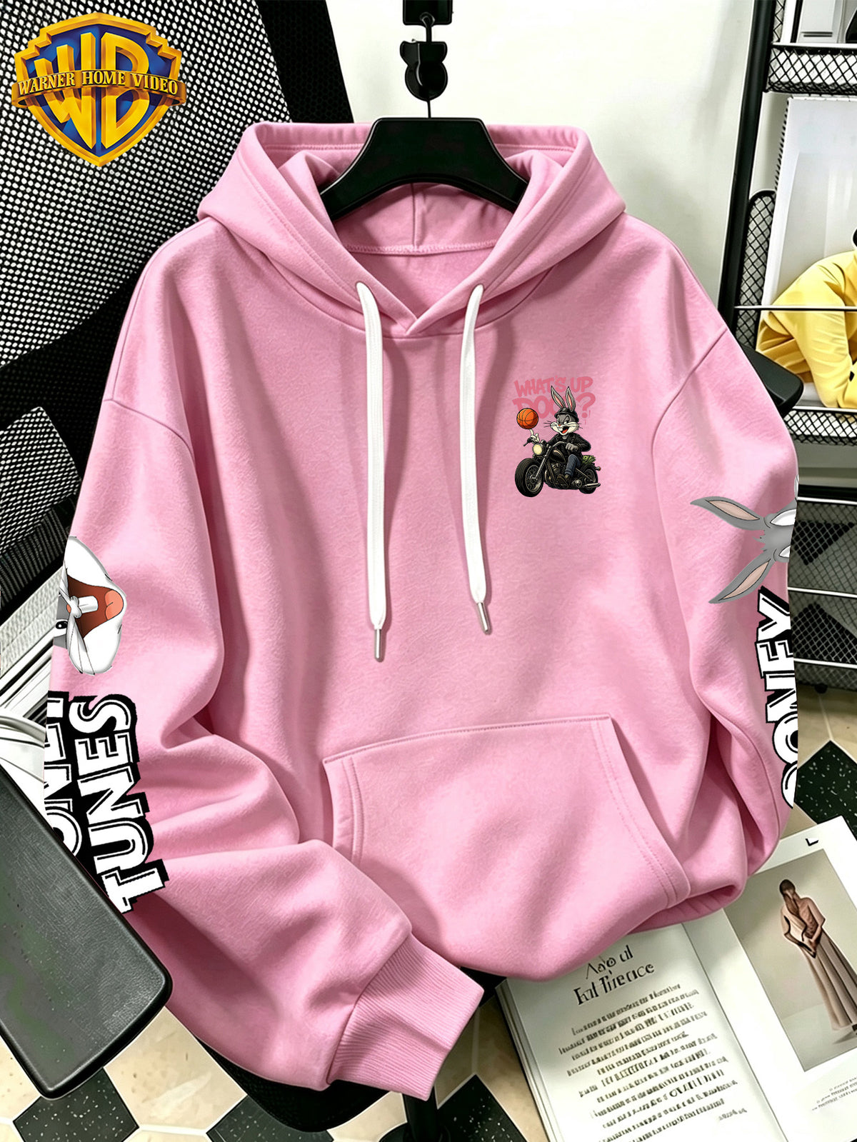 [Warner Bros] Licensed Men'S New Trendy Hoodie, Biker Motorcycle Basketball Street Cartoon Print Casual Pullover Sweatshirt, Everyday Drawstring Loose Top, Machine Washable All-Match Sports Casual Men'S Top - Pink Color
