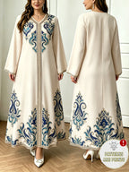 Plus Size - 2026 Middle Eastern Elegant Robe Spring Autumn Plus Size Fashion Women'S Ethnic Print Temperament Commuter Loose Comfortable Vacation Style Long Sleeve Dress 1 - Apricot