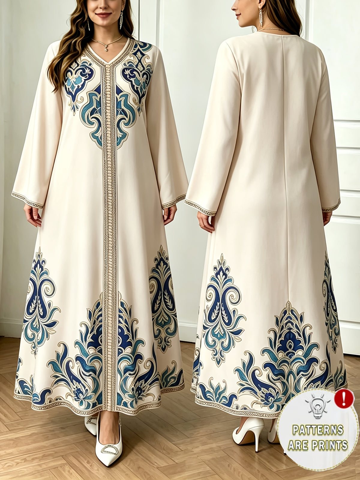 Plus Size - 2026 Middle Eastern Elegant Robe Spring Autumn Plus Size Fashion Women'S Ethnic Print Temperament Commuter Loose Comfortable Vacation Style Long Sleeve Dress 1 - Apricot