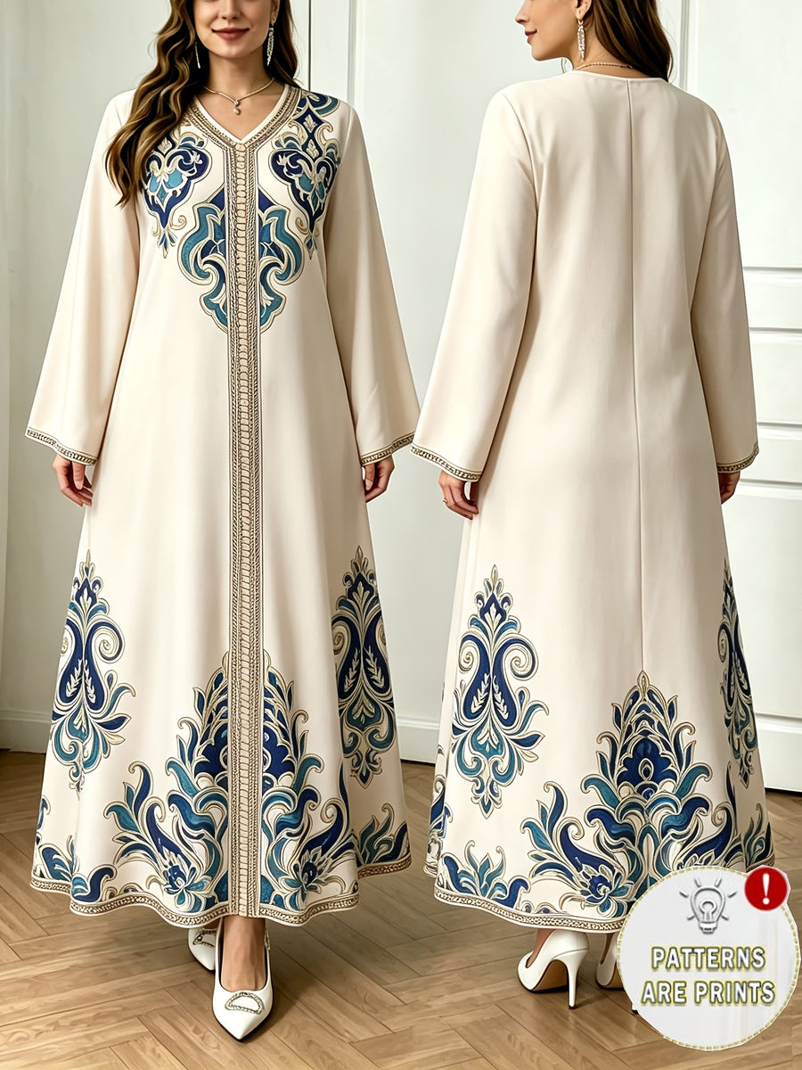 Plus Size - 2026 Middle Eastern Elegant Robe Spring Autumn Plus Size Fashion Women'S Ethnic Print Temperament Commuter Loose Comfortable Vacation Style Long Sleeve Dress 1 - Apricot