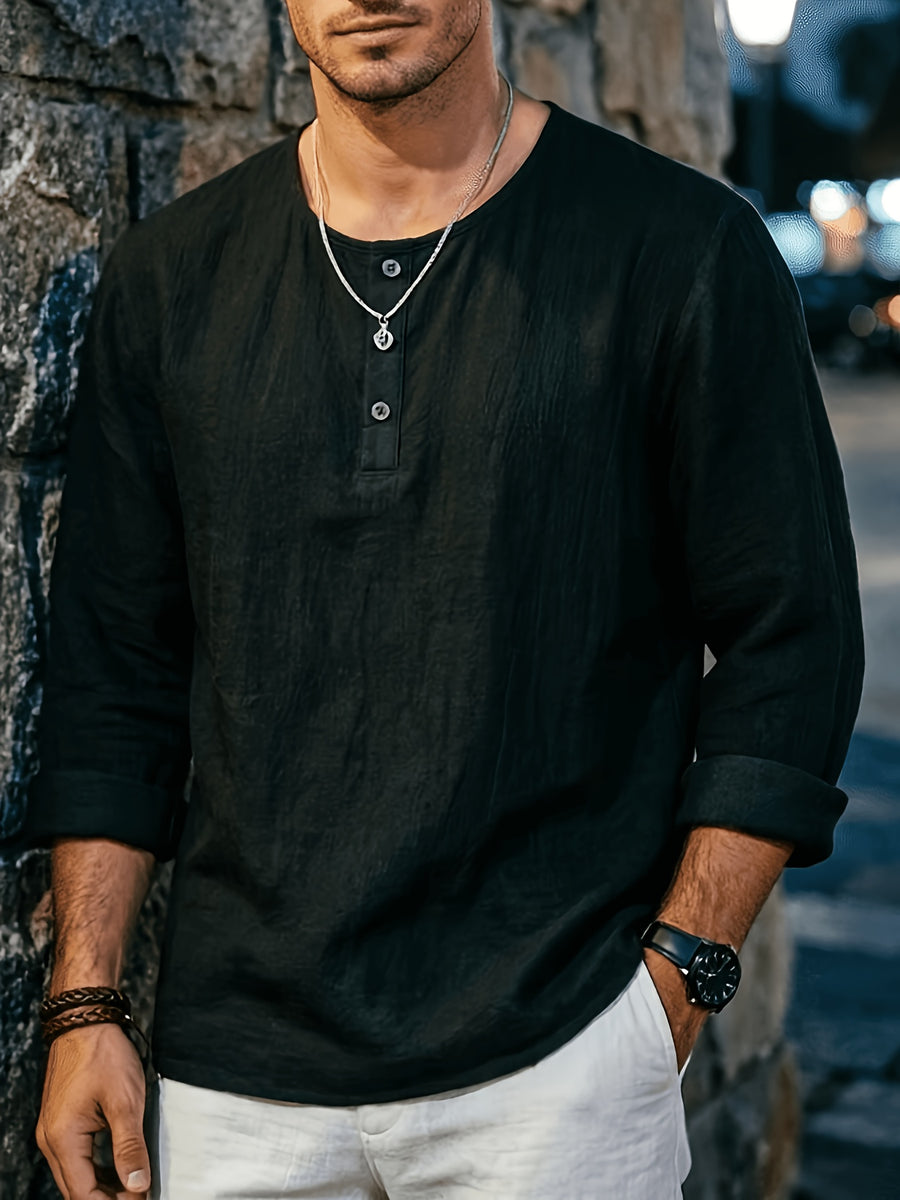 Men's Summer Linen Long Sleeve Shirt, Breathable Round Neck, Loose Fit. Suitable for Daily Casual, Beach Vacation or Yoga Sports, Also a Great Valentine's Day Gift for Him. - Black