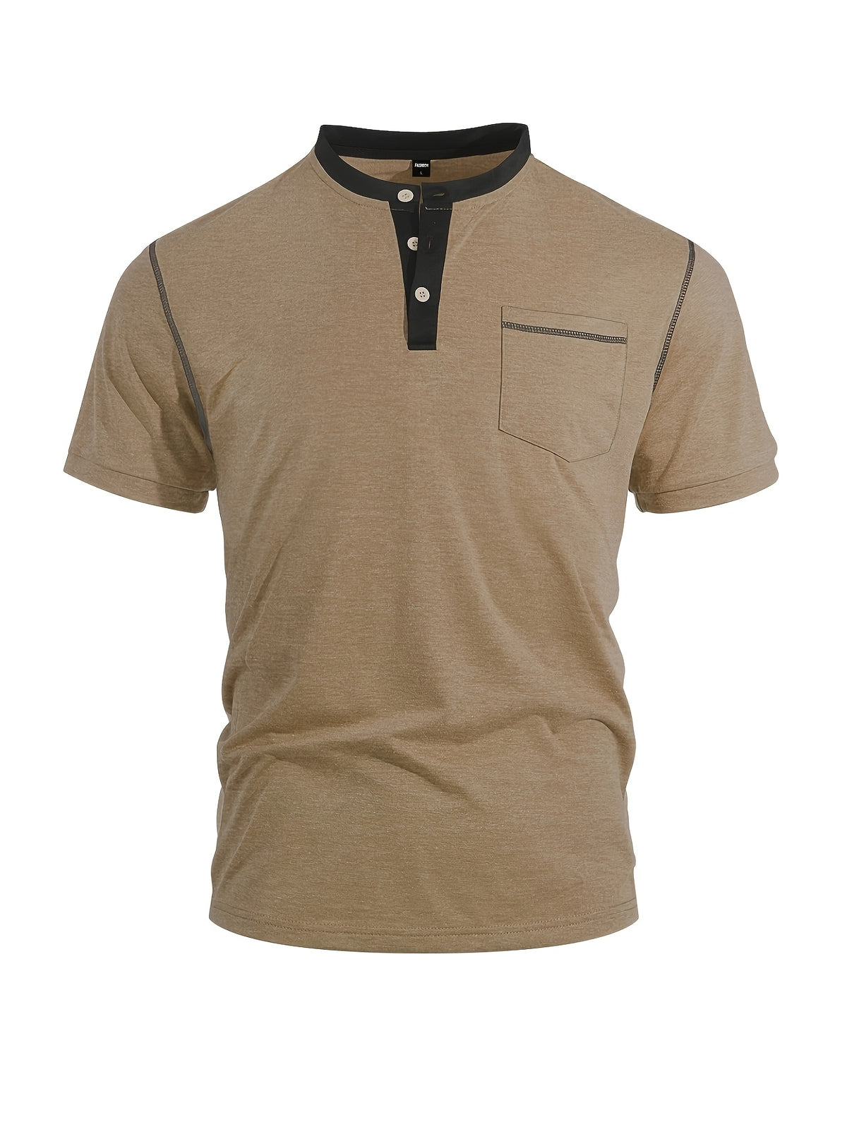 Men'S Spring Summer New Light Luxury Color-Block Henley Collar Short Sleeve T-Shirt, Half-Button 3-Button American Retro Top, High-Stretch Soft And Skin-Friendly Fabric, Breathable And Comfortable - Camel