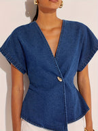 1pc Women'S Fashion Solid Color Casual Elegant Asymmetrical Design Easy Top, Suitable for Casual Outing, Fashionable Commute, Muslim Clothing, Middle Eastern Ramadan Attire, Kebaya for Women Malaysia, Malaysian Traditional Clothes for Women - Blue