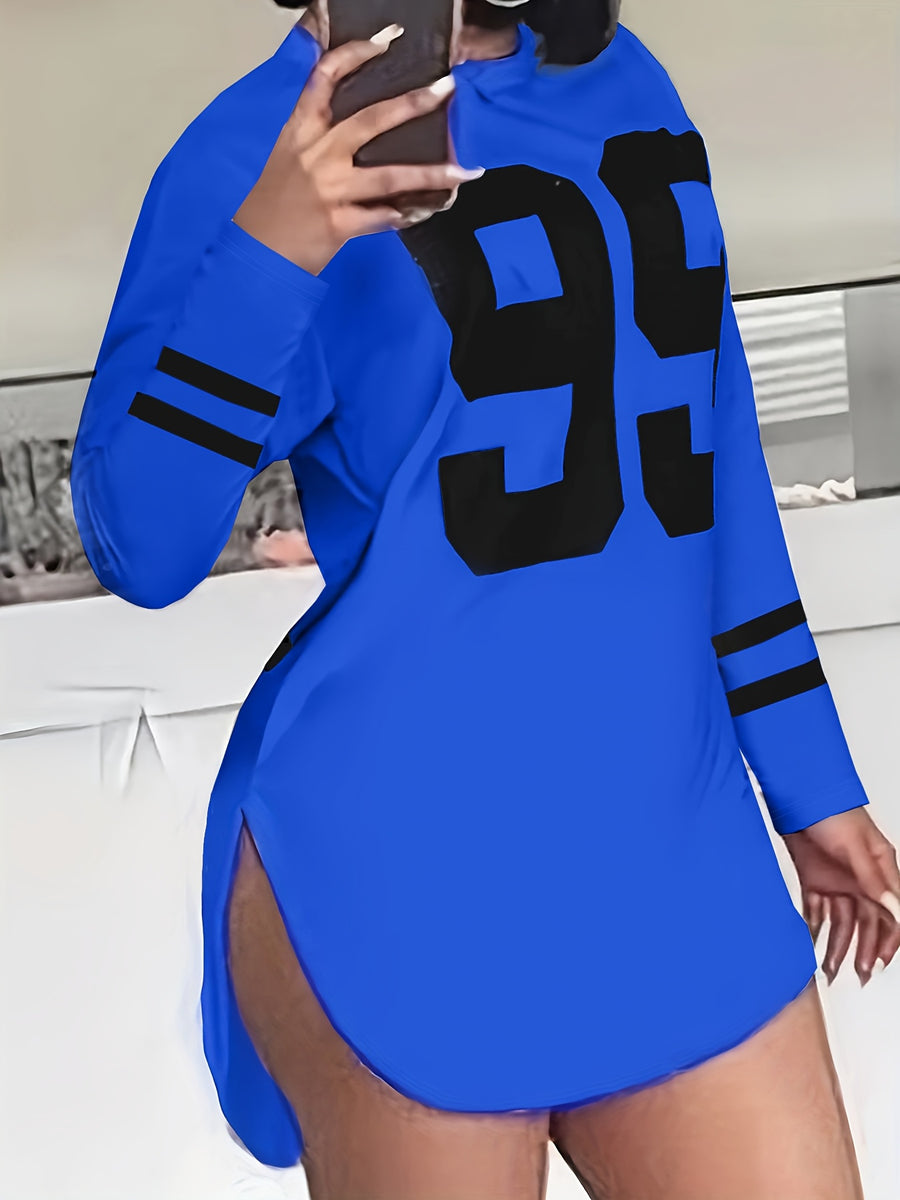Women's Oversized '99' Number Print Blouse - Long Sleeve Casual Loose Fit SweeSuitable for Year-Round Wear, Machine Washable Comfy Tunic Top - Blue