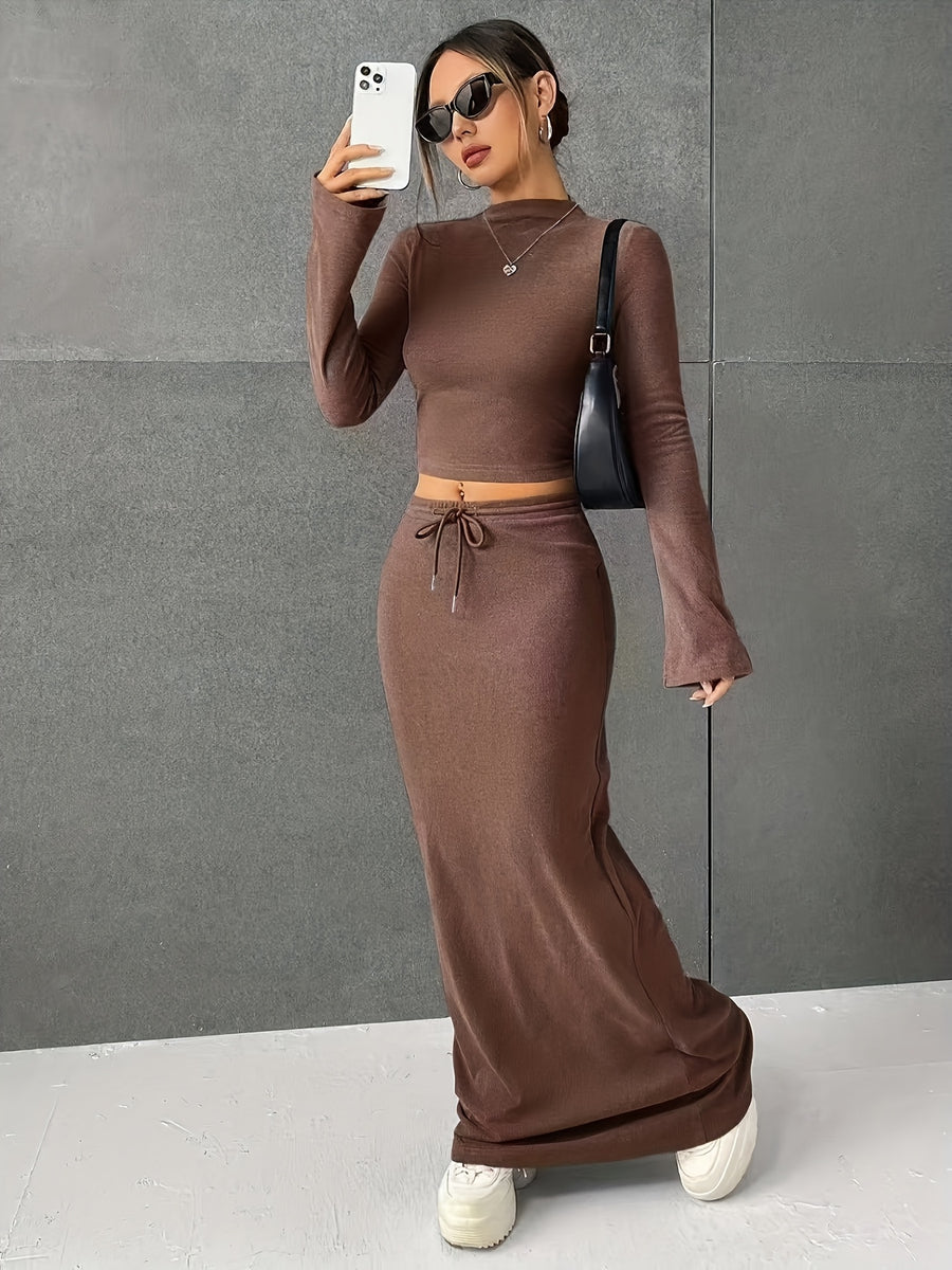 Spring and Autumn Solid Color Half Skirt Long Sleeve Top, Fashionable 2pcs Set for Women - Coffee Color