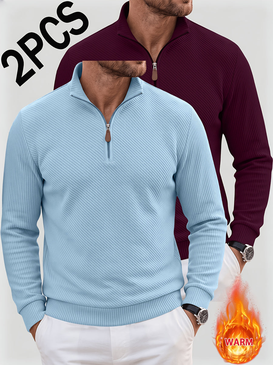 2pcs Men'S Autumn Winter New Corduroy Textured Half-Zip Stand Collar Knit Sweater Set, Light Luxury Long Sleeve Elastic Ribbed Base Layer Business Casual Inner Outerwear; Daily Commute, Home Entertaining, Camping Dating Scenarios - Light Blue + Wine Red