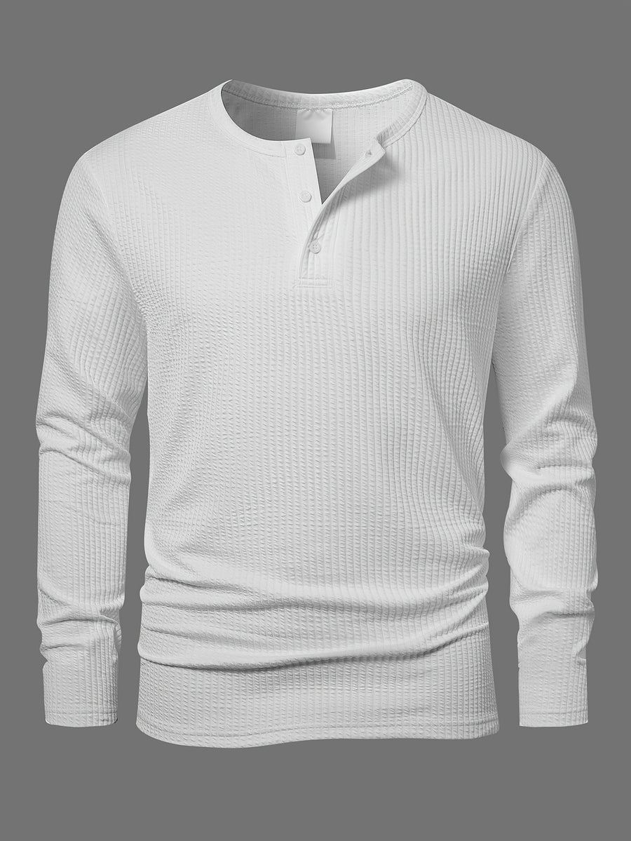 Vertical Stripe Textured Henley Collar Long Sleeve Men's Autumn Casual Loose Premium T-Shirt, Minimalist Solid Color Men's Casual Daily Top - White